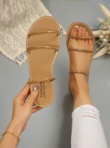 全新时尚百搭舒适潮流简约轻便圆头平底户外休闲运动拖鞋女式 - 棕色 - 查看 1