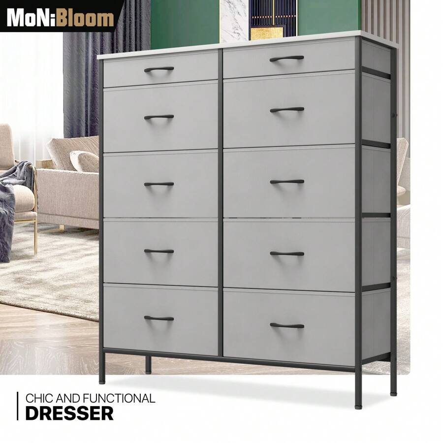 10 Gray Drawer Dresser Tall Chest Fabric Storage Organizer Bedroom Cabinet Unit - 1 - View 1