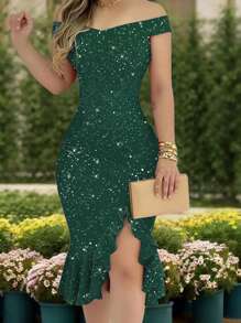 Spring/Summer Off-Shoulder Sexy Solid Color Thigh-High Slit Elegant Ruffle Sequin Print Party Glitter Dress, Lightweight And Breathable - Green - View 4