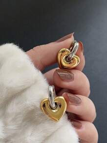 2 piezas Pendientes de aro con forma de corazón, chapados en oro de 18 quilates y de acero inoxidable, a prueba de agua y resistentes a la decoloración, diseño vintage de dos tonos, adecuados para uso diario de las mujeres, regalo de San Valentín