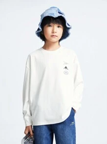 Annil Langarm T-Shirts für Jungen im Frühling. Mit rundem Ausschnitt und lässigem Stil. Sie sind weiß, elastisch, locker geschnitten und modisch.