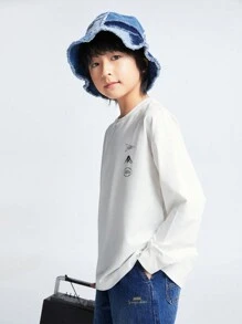 Annil Langarm T-Shirts für Jungen im Frühling. Mit rundem Ausschnitt und lässigem Stil. Sie sind weiß, elastisch, locker geschnitten und modisch.