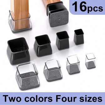 16 piezas Protectores de piso para patas de silla Premium transparentes/negros para pisos de madera dura - Acabado de metal pulido, fundas durables para patas de muebles con almohadillas de fieltro y tapas de goma, 4 tamaños disponibles