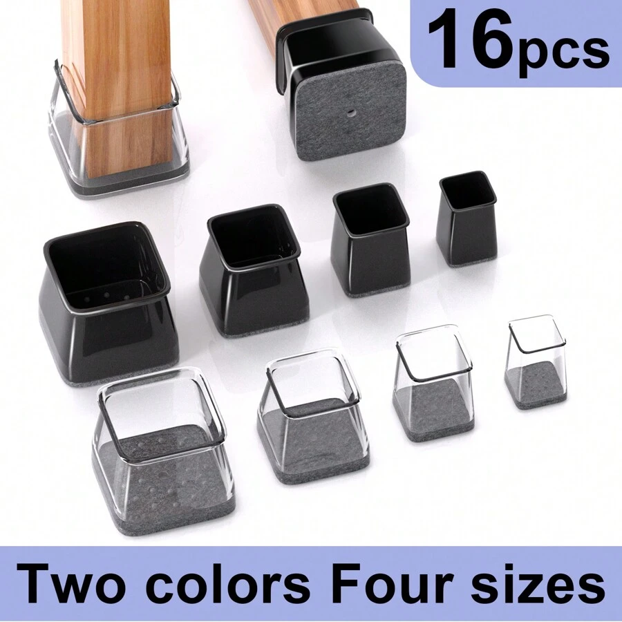 16pcs Chair Leg Floor Protectors Premium Clear/Black For Hardwood Floors - Polished Metal Finish, Durable Furniture Feet Covers With Felt Pads & Rubber Caps, 4 Sizes Available