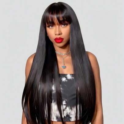 Gerade Echthaar-Perücken mit Pony 180% Dichte 70% Echthaar 2x4 Zoll Skalp Spitzen-Perücken mit Pony Verschluss Sofort Tragbar Klebefreie Perücken Brasilianisches Echthaar mit Synthetik-Haar-Mischung Perücken für Frauen 16-34 Zoll