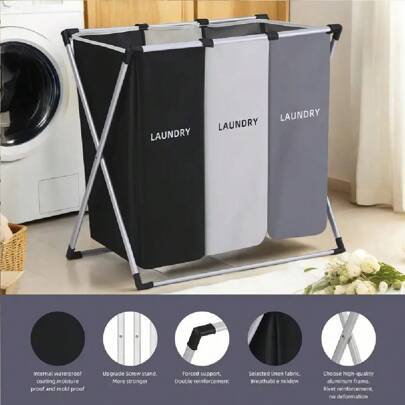 Large Laundry Basket, 3 Section Sorted Laundry Hamper For Laundry Room Organization, Collapsible Hamper, Suitable For Clothing Storage, Toy Storage, Yoga Mat Storage