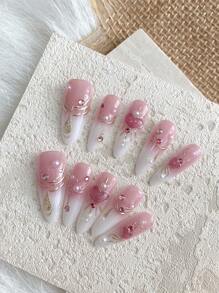 10Pcs Long Almond-Shaped Pastel Pink Heart Rhinestone Resin Pearl Decorated Nail Art False Nails, Elegant & Shiny Finish, Detachable Full Cover Nail Tips Suitable For Office Ladies, Students, Party And Daily Wear, All Seasons Press On Nails Nail Supplies Nails - Pink - View 5