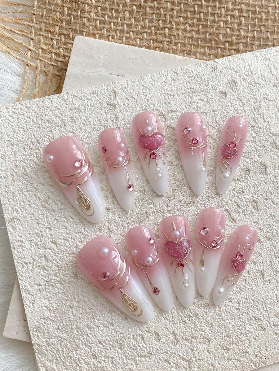 10Pcs Long Almond-Shaped Pastel Pink Heart Rhinestone Resin Pearl Decorated Nail Art False Nails, Elegant & Shiny Finish, Detachable Full Cover Nail Tips Suitable For Office Ladies, Students, Party And Daily Wear, All Seasons Press On Nails Nail Supplies Nails - Pink - View 1