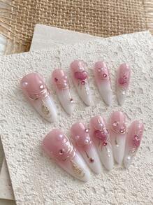 10Pcs Long Almond-Shaped Pastel Pink Heart Rhinestone Resin Pearl Decorated Nail Art False Nails, Elegant & Shiny Finish, Detachable Full Cover Nail Tips Suitable For Office Ladies, Students, Party And Daily Wear, All Seasons Press On Nails Nail Supplies Nails - Pink - View 2