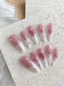 10Pcs Long Almond-Shaped Pastel Pink Heart Rhinestone Resin Pearl Decorated Nail Art False Nails, Elegant & Shiny Finish, Detachable Full Cover Nail Tips Suitable For Office Ladies, Students, Party And Daily Wear, All Seasons Press On Nails Nail Supplies Nails - Pink - View 3