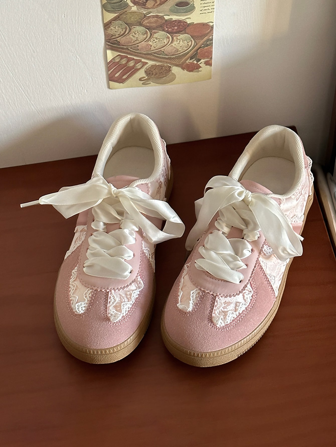 Zapatos deportivos casuales para mujer, zapatillas planas con cordones de malla transpirable, estilo de bailarina versátil de athleisure, color rosa