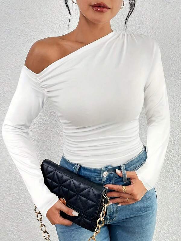 Off Shoulder Long Sleeve T-Shirt, Fashionable Solid Color, Suitable For Spring And Autumn