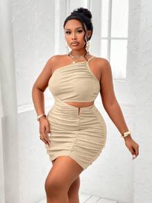 BIUBIU Plus Size Sexy One Shoulder Metal Buckle Detail Cut Out Waist Ruched Mini Bodycon Dress Valentine Love/Lover Heart XOXO/Kisses Hugs And Kisses Be Mine Babe/Baby Kiss/Lip Heart Cupid/Angel - Apricot - View 4