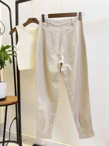 ISADORA MODA Women's Carrot Pants Twill, 2 Buttons, With Pockets, Solid Color() - Beige - View 8