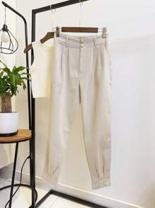 ISADORA MODA Women's Carrot Pants Twill, 2 Buttons, With Pockets, Solid Color() - Beige - View 5