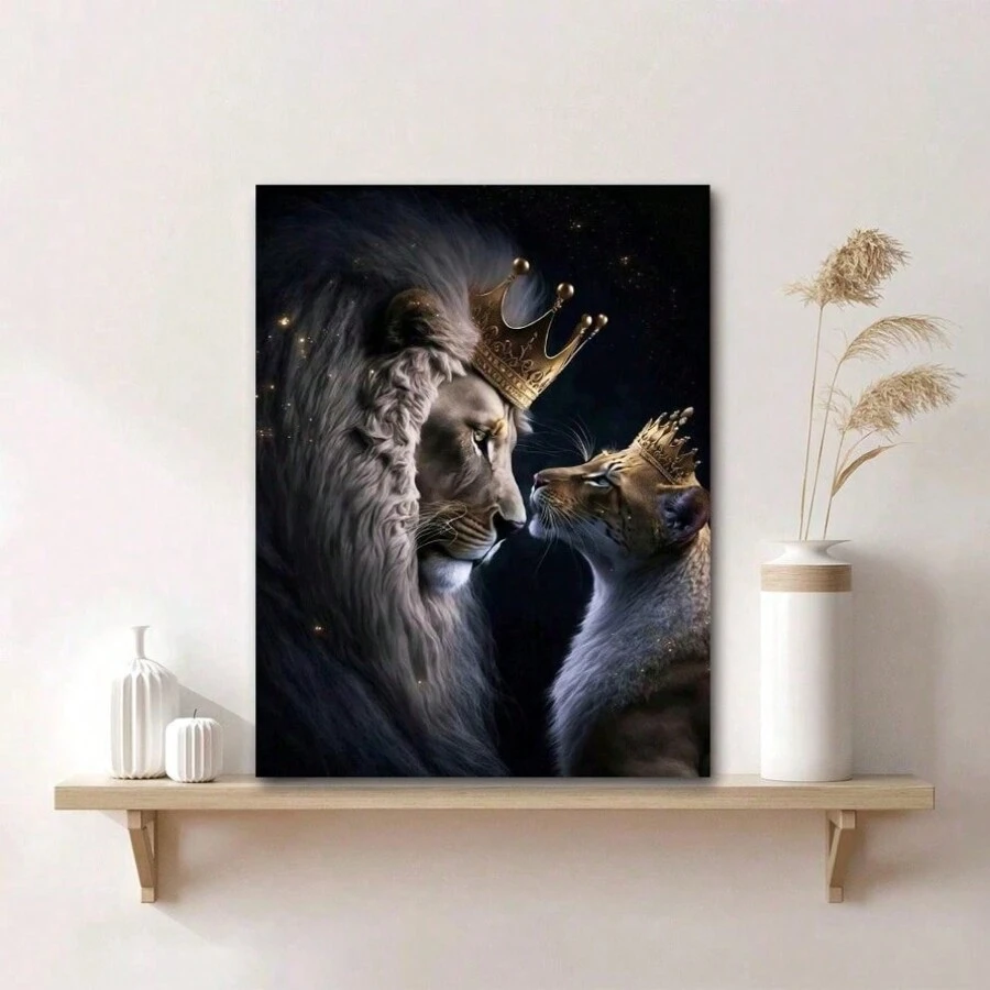 1pc Framed Royal Lion And Cub Wildlife Art Print Poster Majestic Crown Animal Portrait Father And Son Canvas Painting Gift For Him Suitable For Modern Living Room Bedroom Hotel Apartment Villa Classroom Kids Room Office Wall Decor Ready To Hang - Blanco - Ver 1