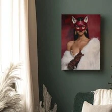 1pc Framed Canvas Wall Art Poster Print Woman In Red Mask And Fur Coat Canvas Classic Oil Painting Art Home Decor For Living Room, Bedroom, Office