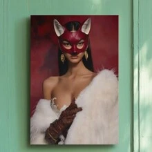 1pc Framed Canvas Wall Art Poster Print Woman In Red Mask And Fur Coat Canvas Classic Oil Painting Art Home Decor For Living Room, Bedroom, Office