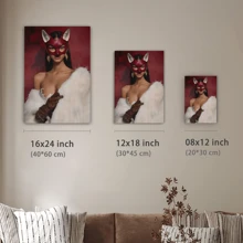 1pc Framed Canvas Wall Art Poster Print Woman In Red Mask And Fur Coat Canvas Classic Oil Painting Art Home Decor For Living Room, Bedroom, Office