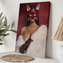 1pc Framed Canvas Wall Art Poster Print Woman In Red Mask And Fur Coat Canvas Classic Oil Painting Art Home Decor For Living Room, Bedroom, Office