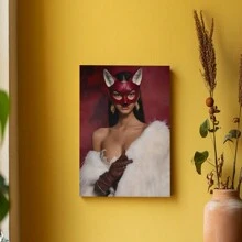 1pc Framed Canvas Wall Art Poster Print Woman In Red Mask And Fur Coat Canvas Classic Oil Painting Art Home Decor For Living Room, Bedroom, Office