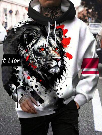 3D Digital Print Plus Size Men's White Lion Hooded Casual Sweatshirt, Front Drawstring, Pullover, For Fall, Long Sleeve Top