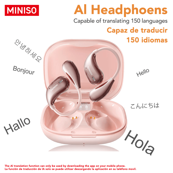 Miniso Auricolari senza fili X33 AI per la traduzione, auricolari ad apertura dell'orecchio, 35 ore di autonomia, cuffie on-ear con suono premium immersivo e connessione a lunga distanza, set auricolare con custodia di ricarica, cuffie leggere con microfono integrato