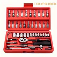 46-Piece Tungsten Steel Ratchet Wrench Set With Socket Set, Multifunctional Portable Maintenance Tool Kit With Advanced Torque Wrench And Extension Rod, Suitable For Car, Bicycle Repair And Home Use, Manual Wrench, Includes Storage Box
