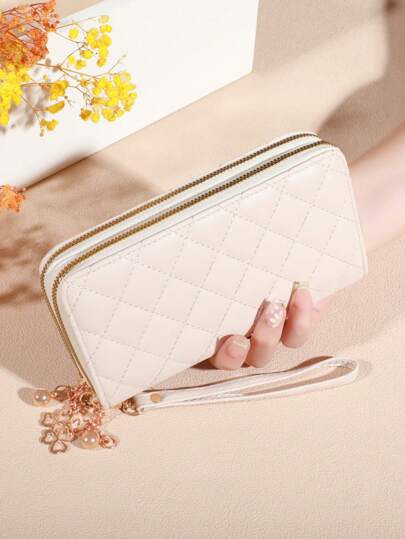 Classic Clutch Wallet With Zipper Large Capacity Clutch Wallet With 8 Slots And Multiple Compartments Elegant Handheld Clutch Checkered Embroidered Wallet For Women Wallet Purse Wallet Long Wallet Wristlet Wallet