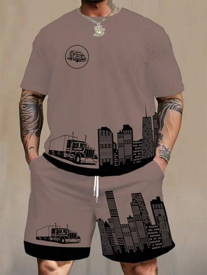 2 件套男士加大码卡车和城市剪影图案 T 恤套装，适合所有季节
