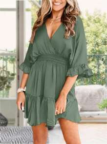 Womens V Neck Casual Dresses Summer Loose High Waist Ruffle Pleated Cute Mini Short Dress - Green - View 2