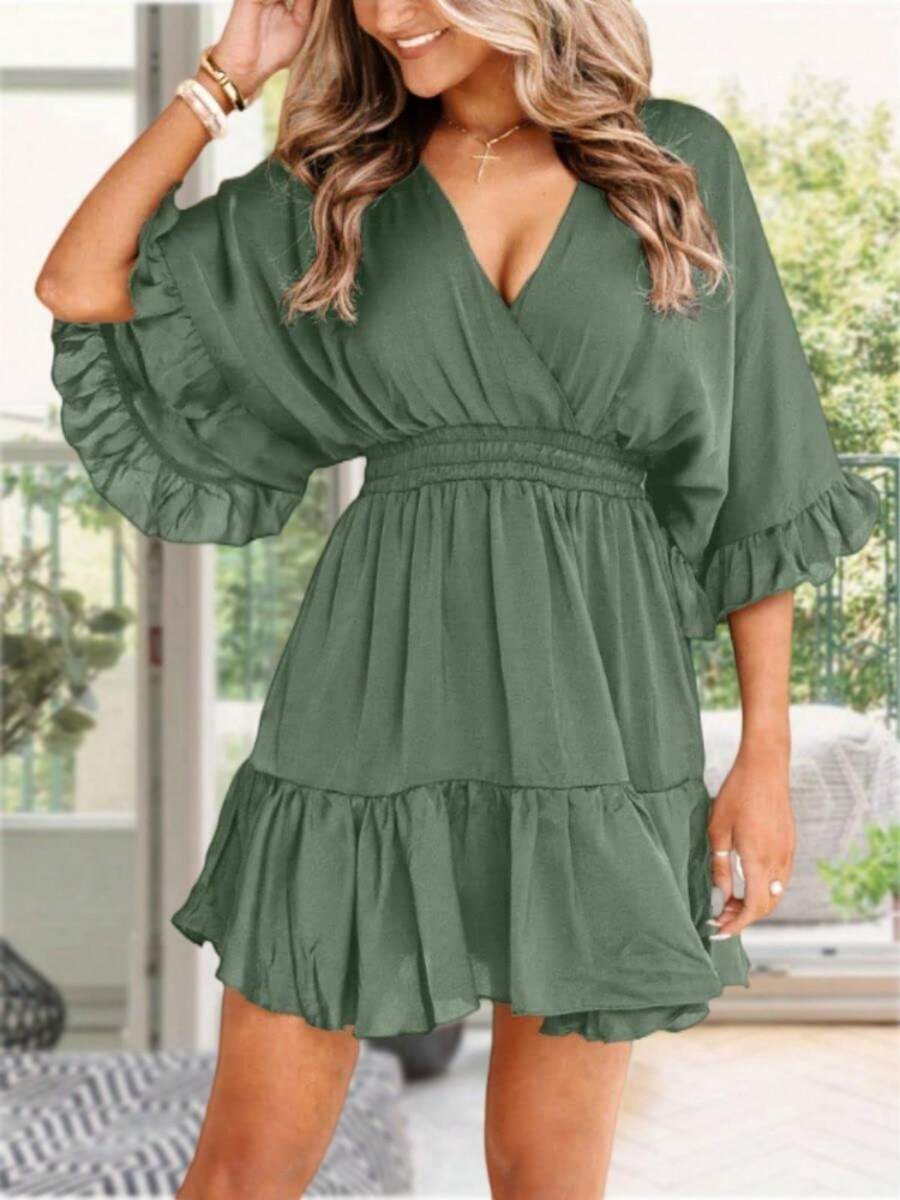 Womens V Neck Casual Dresses Summer Loose High Waist Ruffle Pleated Cute Mini Short Dress - Green - View 1