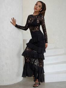Women Solid Color Sexy Round Neck Long Sleeve Lace Ruffle Hem Fitted Dress - Black - View 4