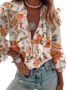 Women Button-Down Ruffle Shirt, Adults Solid Color/Letter/Butterfly/Plant Print V-Neck Long Sleeve Blouse - Orange - View 2