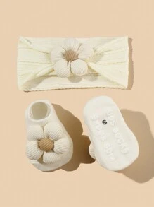 1 set de diadema y calcetines elásticos de nailon con decoración de flores para bebés/niños pequeños - crema HB134 - Ver 3