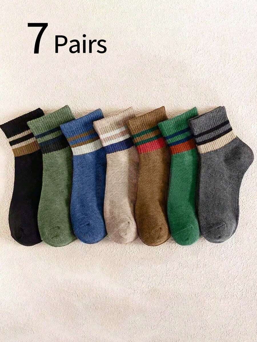 7 Pairs Striped Low-Cut Sports Socks For Teens, Moisture-Wicking, Retro, Double Bar, Ankle Socks - Multicolor - View 1