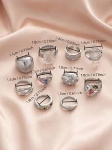 10pcs Asymmetrical Geometric Thick Plastic Rhinestone Resin Layered Stacking Rings Set, Mixed Color Rhinestone Heart Finger Rings For Women, Party Daily Accessory, Holiday Gift - Silver - View 5