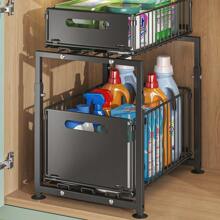 2 Tier Pull Out Storage Rack With Suction Cups, Adjustable Cabinet Built-In Shelf Bathroom Drawer Organizer For Kitchen, Bathroom, Etc.