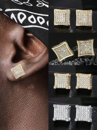 2 pièces Boucles d'oreilles clous carrés de luxe hommes femmes Hip Hop Zirconia plaqué or Cadeau de Bijoux pour Fête Anniversaire Saint Valentin Petit ami Mari Couple Amoureux