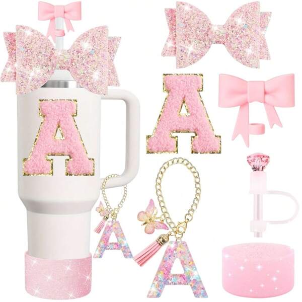 Pink Cup Accessories Set For 30OZ & 40OZ Tumbler With Handle, Letter Charms, Bow & Rhinestone Straw Covers, Glitter Silicone Boot, Personalized Sticker For Cup Accessories, Mother's Day Gift