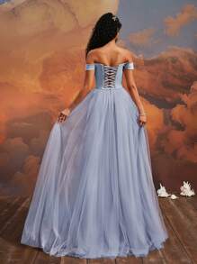 VIPGIRL 奢华晚礼服，性感优雅露肩连衣裙，轻奢舞会礼服，走秀服装，婚礼宾客礼服，礼服 - 淺藍色 - 查看 3