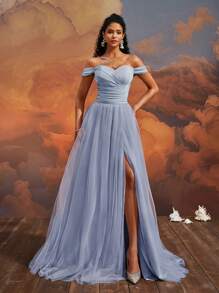 VIPGIRL 奢华晚礼服，性感优雅露肩连衣裙，轻奢舞会礼服，走秀服装，婚礼宾客礼服，礼服 - 淺藍色 - 查看 9