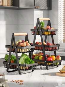 1pc Wrought Iron Foldable Double-Layer Basket, Household Kitchen Fruit And Vegetable Storage Basket Shelf, Holiday Gift