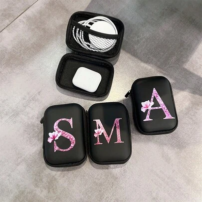 1 st. rits bedrukte datakabel organizer tas, zwarte basis met kleurrijke bloem en 26 hoofdletters A-Z patroon, draagbare draagtas voor datakabel, oplader, oortelefoon