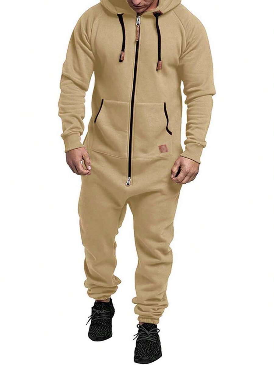 Men Winter Hooded Jumpsuits With Pockets Full Zipper Up Sweatsuit - 卡其色 - 查看 1
