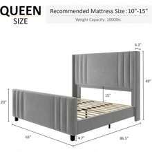 TBFUINPMPSDO King Size Bed Frame, Velvet Upholstered Platform Bed With Vertical Channel Tufted Headboard & Footboard/Wingback, Mattress Foundation With Wood Slats, No Box Spring Needed, Black - Màu Xám nhạt - Xem 2