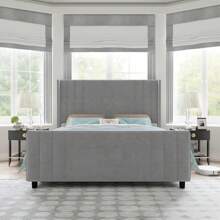 TBFUINPMPSDO King Size Bed Frame, Velvet Upholstered Platform Bed With Vertical Channel Tufted Headboard & Footboard/Wingback, Mattress Foundation With Wood Slats, No Box Spring Needed, Black - Màu Xám nhạt - Xem 3
