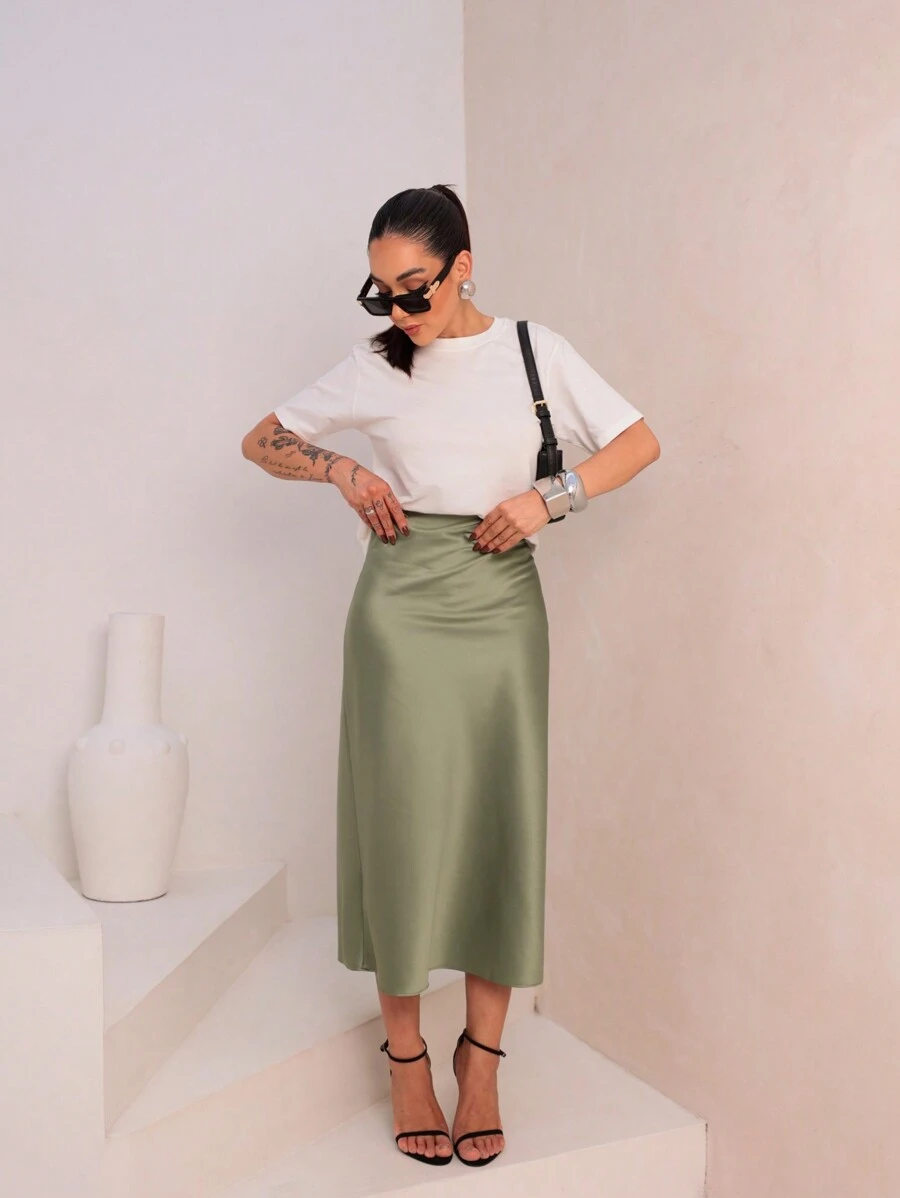 Satin Midi Skirt With Elastic - Olive Green - View 1