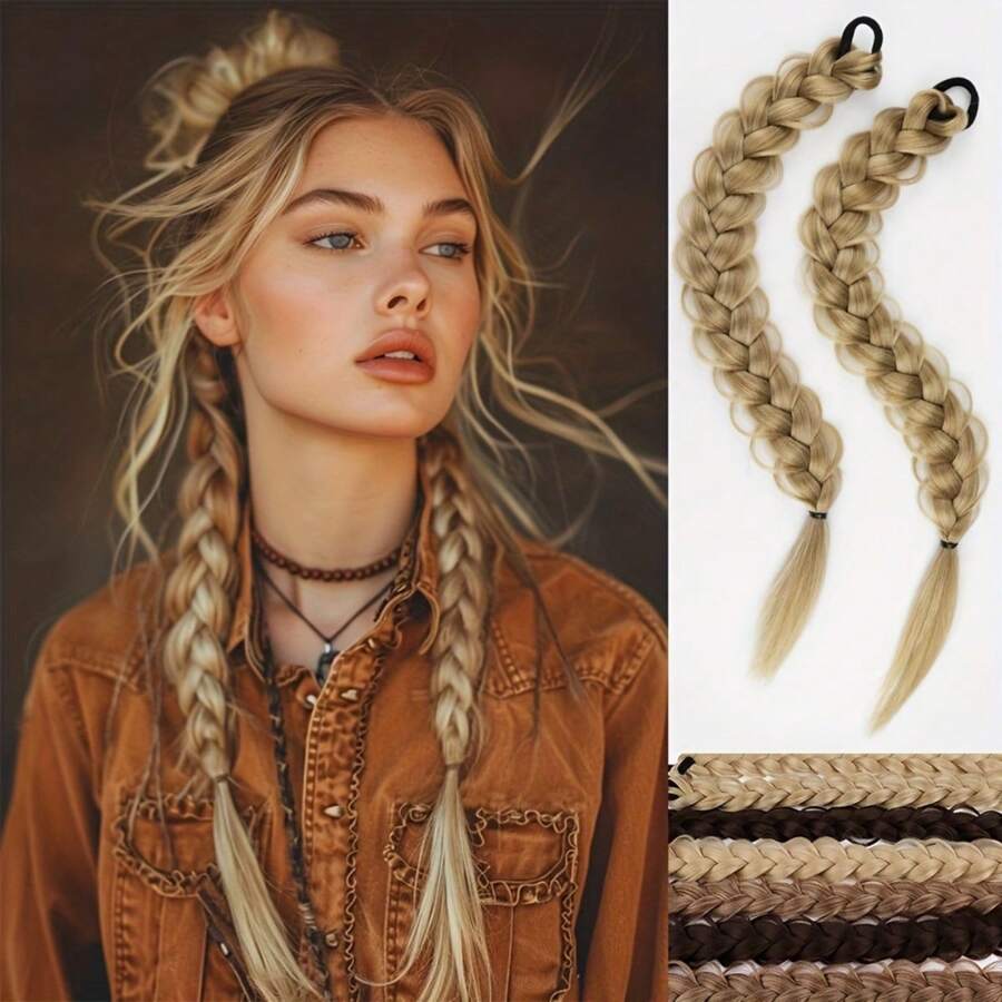 2pcs Women'S Ponytail Hair Extensions, Synthetic Clip-In Braids, Straight Hair Style Basics, With Elastic Band, For Daily Wear, Hair Volume Enhancer