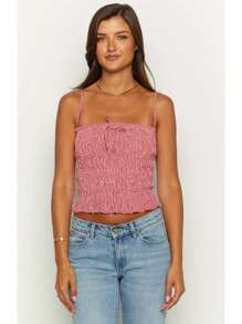 Plaid Strap Pleated Bow Halter Top - Red - View 4